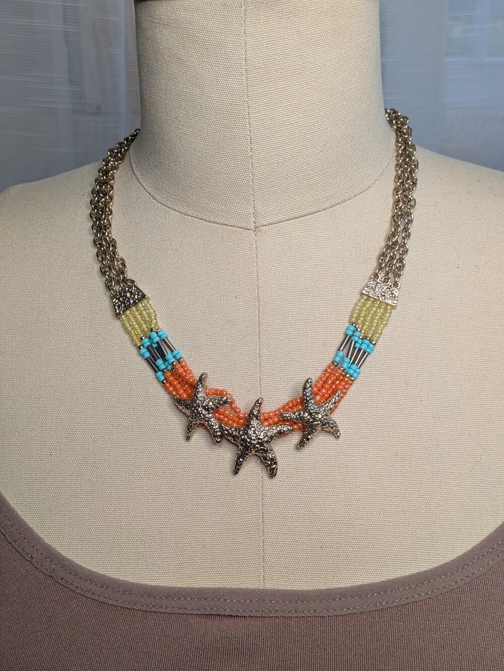 Multi Strand Seed Bead Starfish Statement Necklace Turquoise Coral Nautical